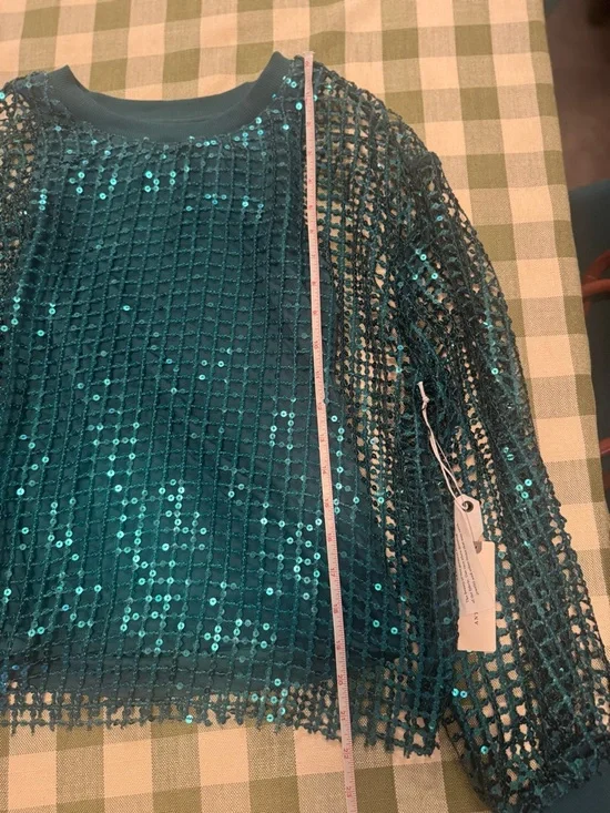 Pilcro Teal Sequin Mesh Jersey Long-Sleeve Top - Picture 11 of 16